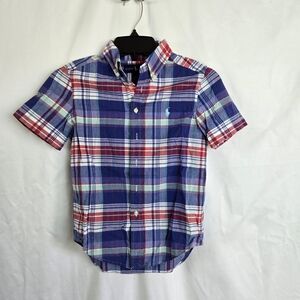 Ralph Lauren Boy Blue Red Plaid Short Sleeve Preppy Button Up School Shirt Small